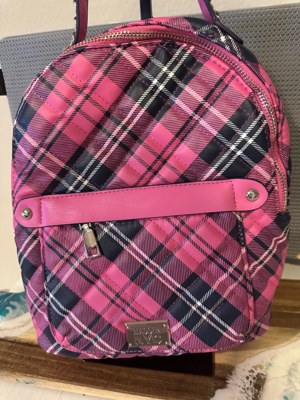 Pink Plaid Mini Backpack with Front Pocket